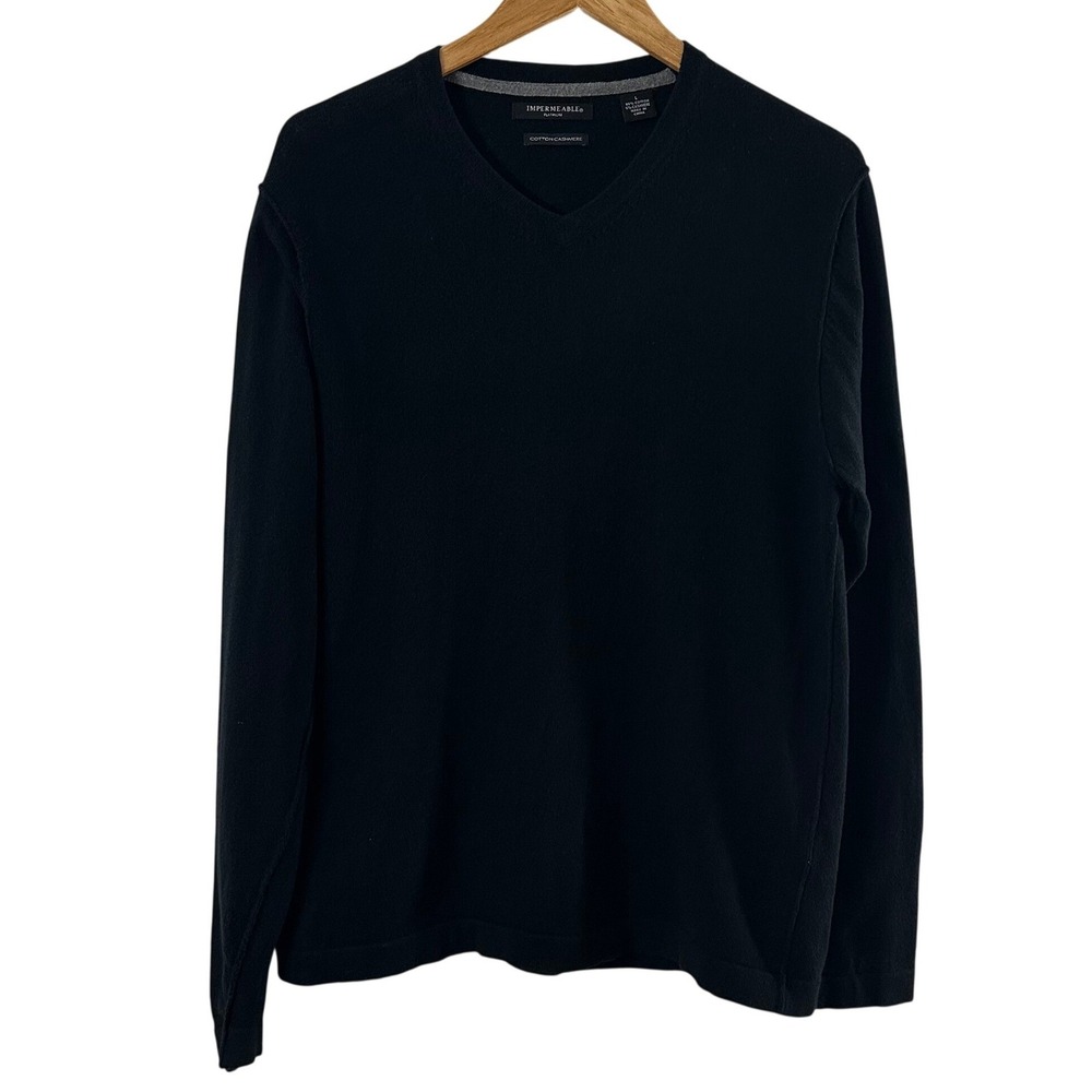 Impermeable Platinum Mens Black Cotton Cashmere V-Neck Sweater Large L Solid
